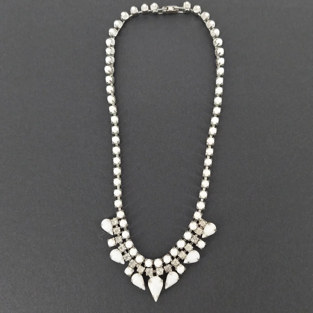 Vintage White Milk Glass Look And Clear Rhinestone Necklace